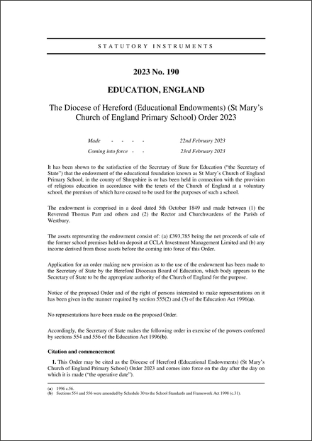 The Diocese of Hereford (Educational Endowments) (St Mary’s Church of England Primary School) Order 2023
