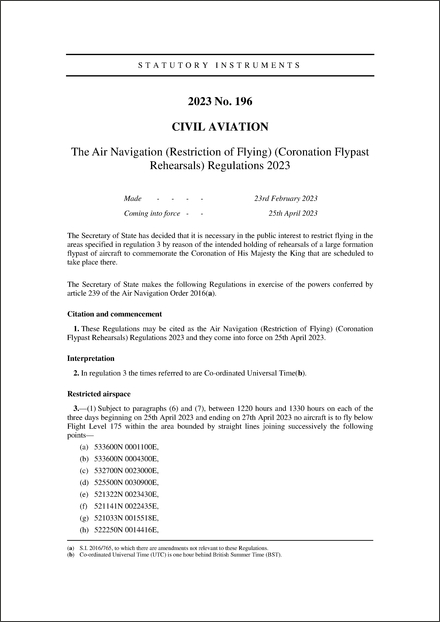 The Air Navigation (Restriction of Flying) (Coronation Flypast Rehearsals) Regulations 2023