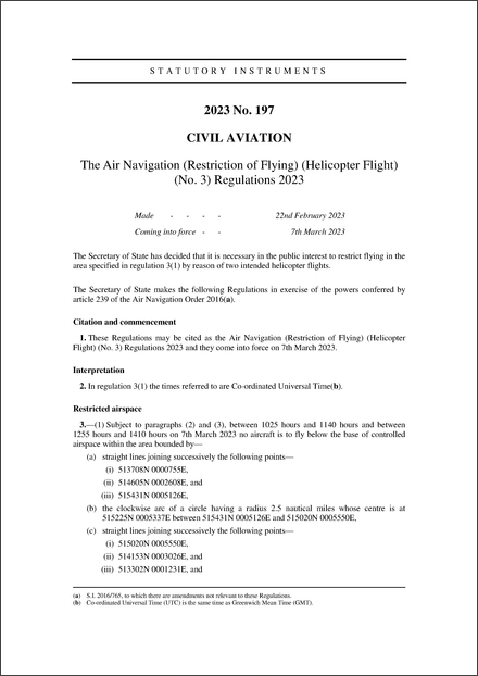 The Air Navigation (Restriction of Flying) (Helicopter Flight) (No. 3) Regulations 2023