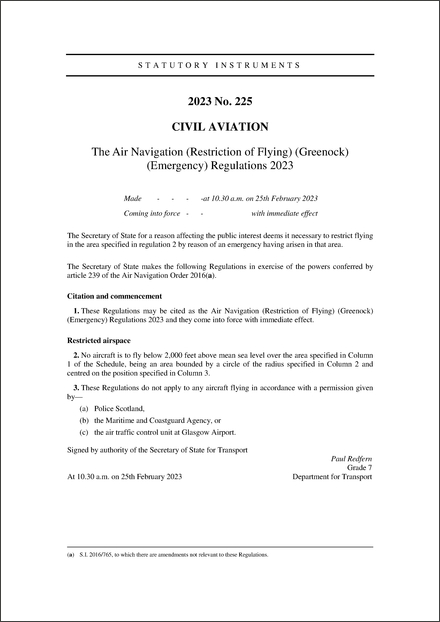 The Air Navigation (Restriction of Flying) (Greenock) (Emergency) Regulations 2023