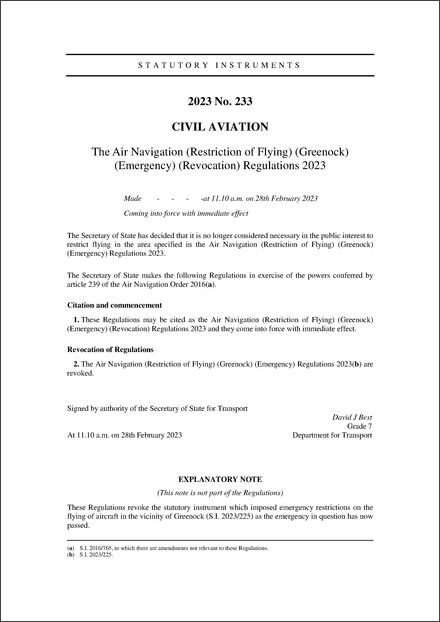 The Air Navigation (Restriction of Flying) (Greenock) (Emergency) (Revocation) Regulations 2023