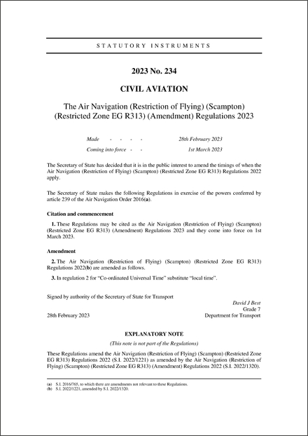 The Air Navigation (Restriction of Flying) (Scampton) (Restricted Zone EG R313) (Amendment) Regulations 2023
