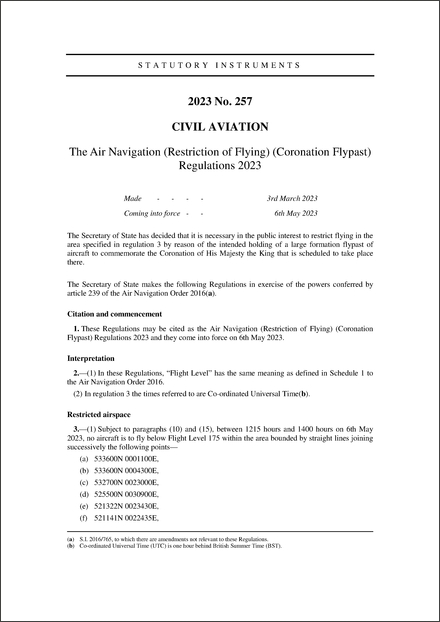 The Air Navigation (Restriction of Flying) (Coronation Flypast) Regulations 2023