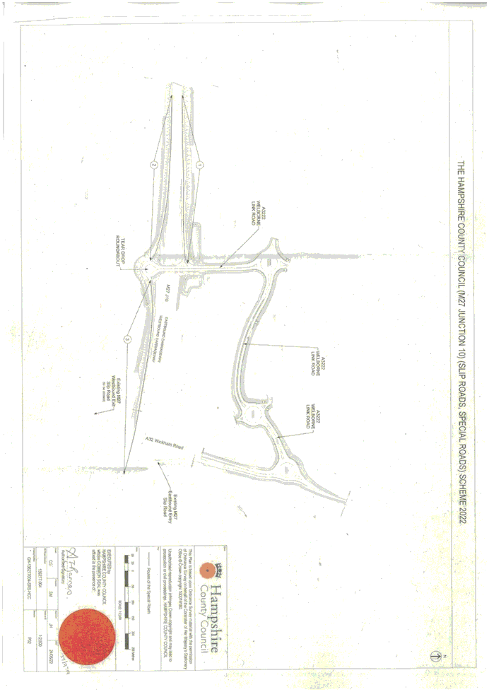 A plan showing the Hampshire County Council (M27 Junction 10)(Slip Road, Special Road) Scheme 2022