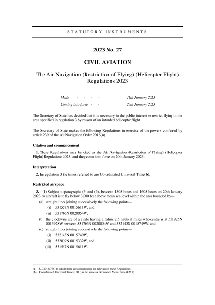 The Air Navigation (Restriction of Flying) (Helicopter Flight) Regulations 2023