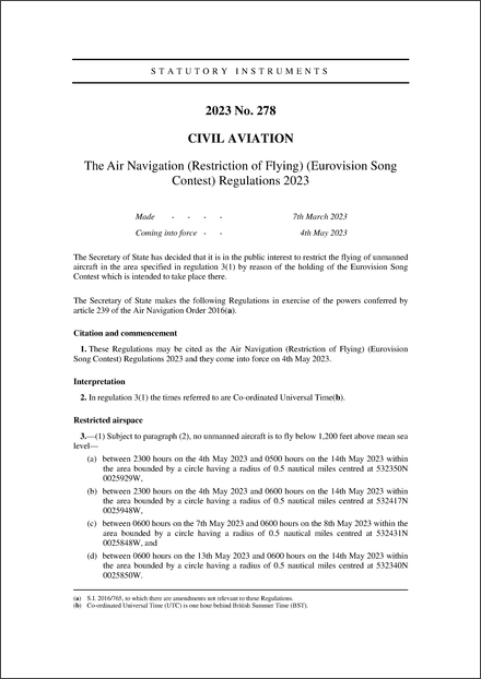 The Air Navigation (Restriction of Flying) (Eurovision Song Contest) Regulations 2023