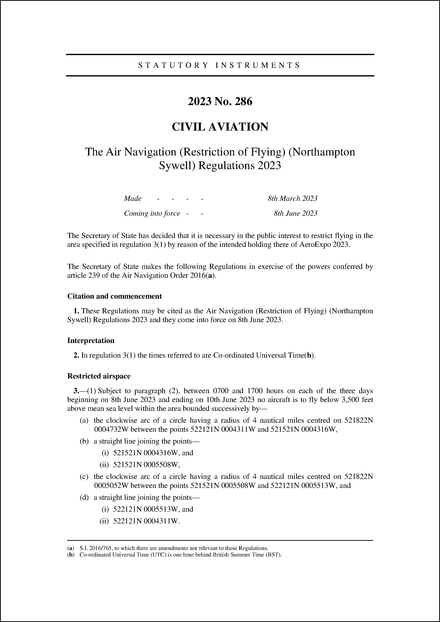 The Air Navigation (Restriction of Flying) (Northampton Sywell) Regulations 2023