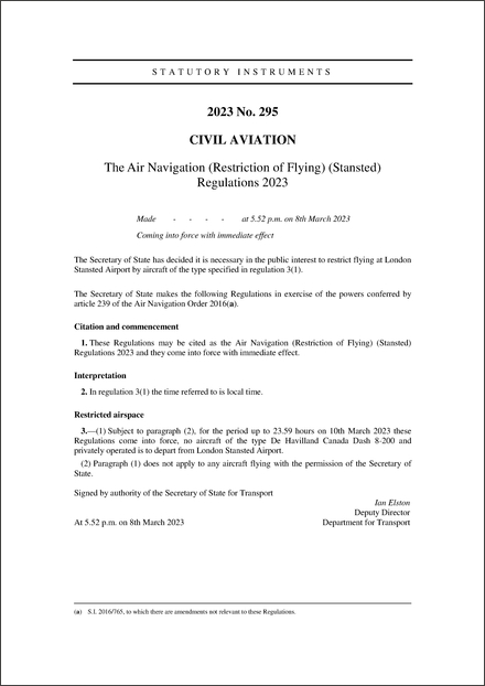 The Air Navigation (Restriction of Flying) (Stansted) Regulations 2023