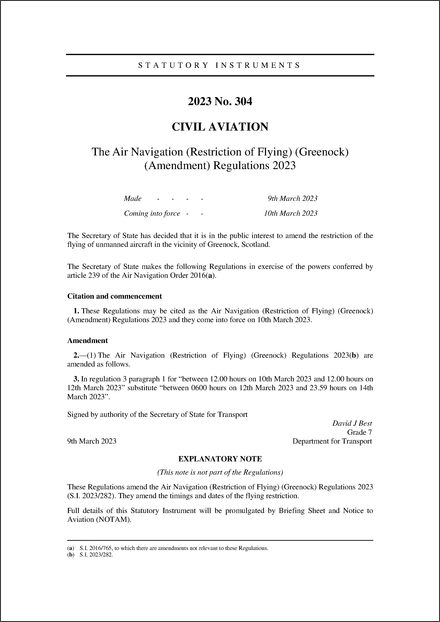 The Air Navigation (Restriction of Flying) (Greenock) (Amendment) Regulations 2023