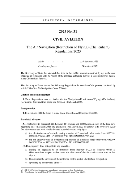 The Air Navigation (Restriction of Flying) (Cheltenham) Regulations 2023
