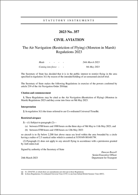 The Air Navigation (Restriction of Flying) (Moreton in Marsh) Regulations 2023