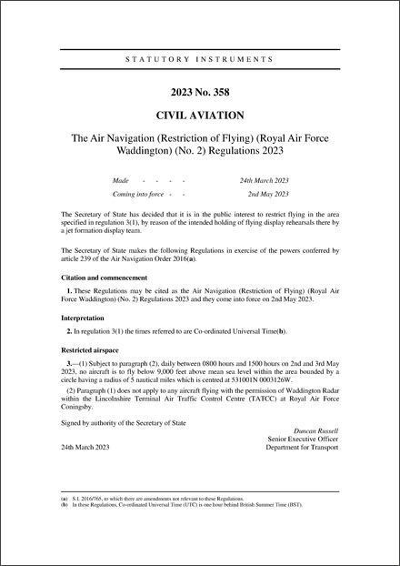 The Air Navigation (Restriction of Flying) (Royal Air Force Waddington) (No. 2) Regulations 2023