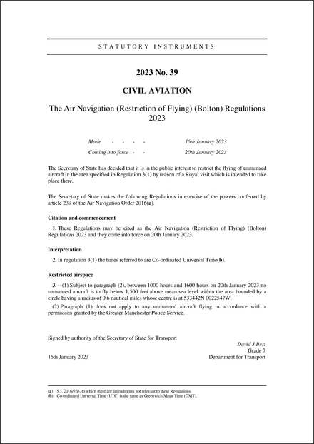 The Air Navigation (Restriction of Flying) (Bolton) Regulations 2023