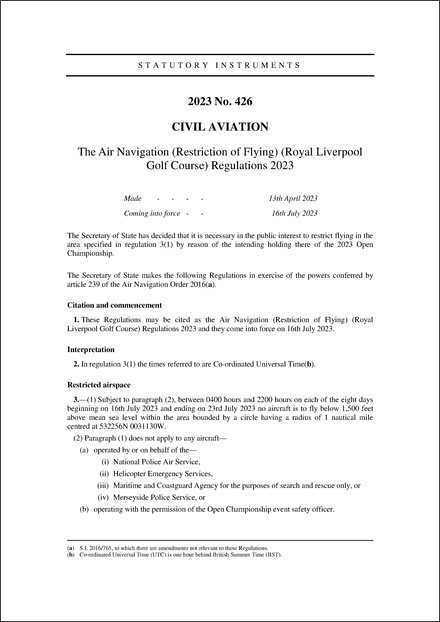 The Air Navigation (Restriction of Flying) (Royal Liverpool Golf Course) Regulations 2023