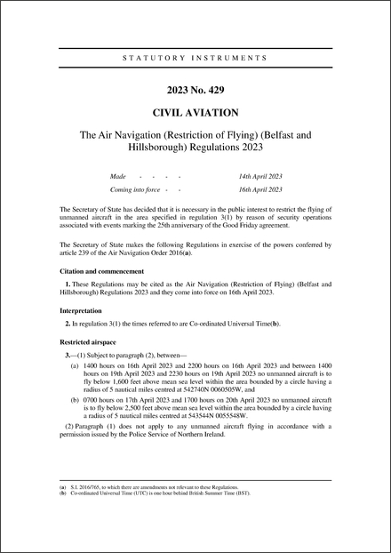 The Air Navigation (Restriction of Flying) (Belfast and Hillsborough) Regulations 2023
