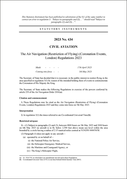 The Air Navigation (Restriction of Flying) (Coronation Events, London) Regulations 2023