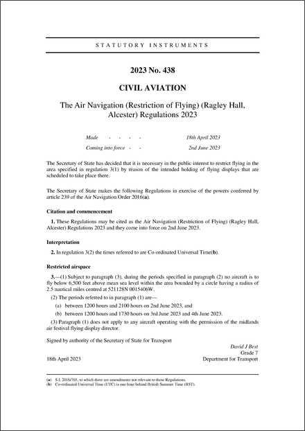 The Air Navigation (Restriction of Flying) (Ragley Hall, Alcester) Regulations 2023