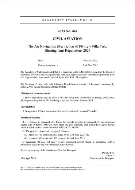 The Air Navigation (Restriction of Flying) (Villa Park, Birmingham) Regulations 2023