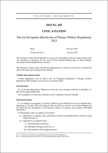 The Air Navigation (Restriction of Flying) (Torbay) Regulations 2023