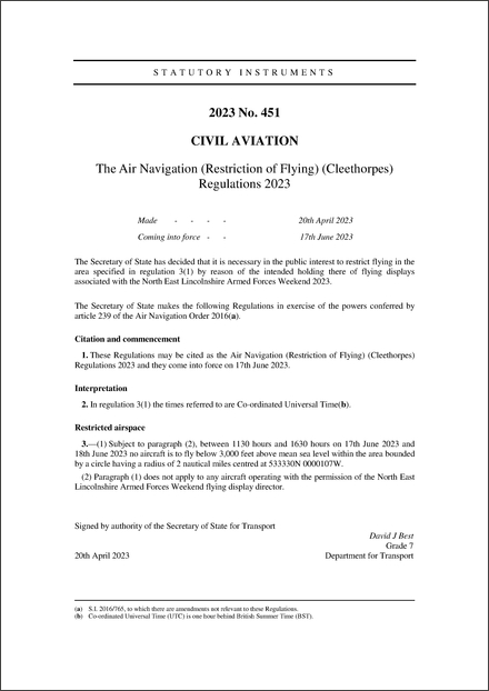 The Air Navigation (Restriction of Flying) (Cleethorpes) Regulations 2023