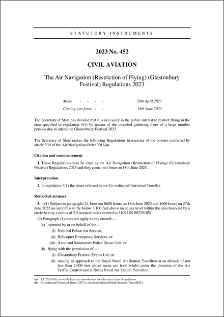 The Air Navigation (Restriction of Flying) (Glastonbury Festival) Regulations 2023