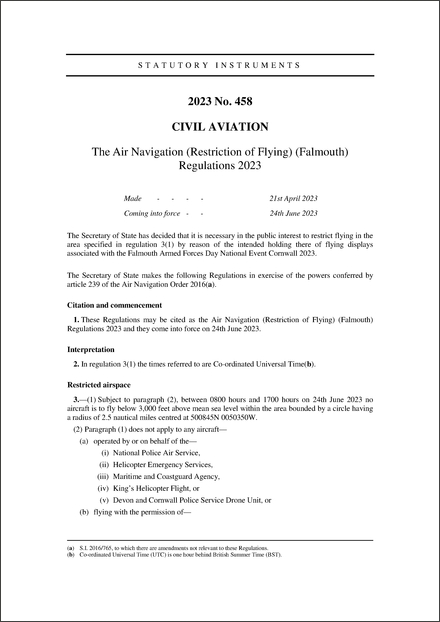 The Air Navigation (Restriction of Flying) (Falmouth) Regulations 2023
