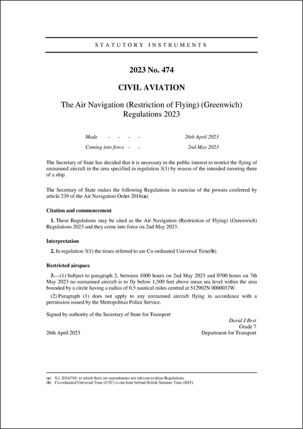 The Air Navigation (Restriction of Flying) (Greenwich) Regulations 2023