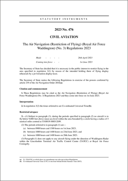 The Air Navigation (Restriction of Flying) (Royal Air Force Waddington) (No. 3) Regulations 2023