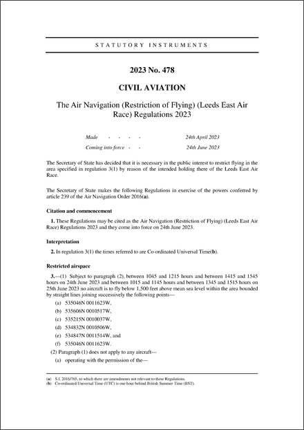 The Air Navigation (Restriction of Flying) (Leeds East Air Race) Regulations 2023