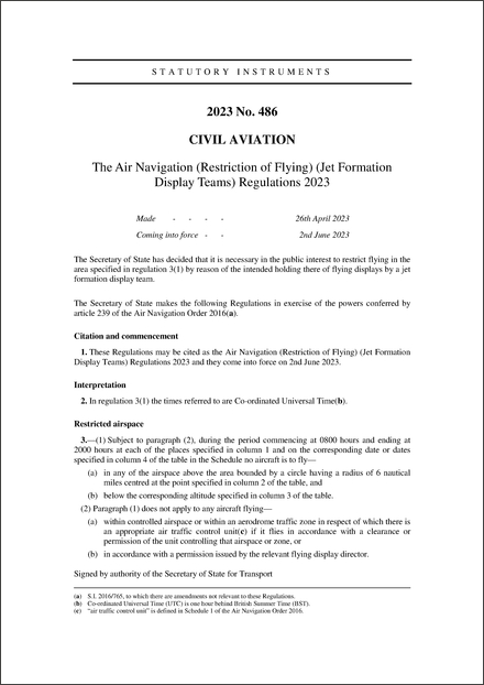 The Air Navigation (Restriction of Flying) (Jet Formation Display Teams) Regulations 2023
