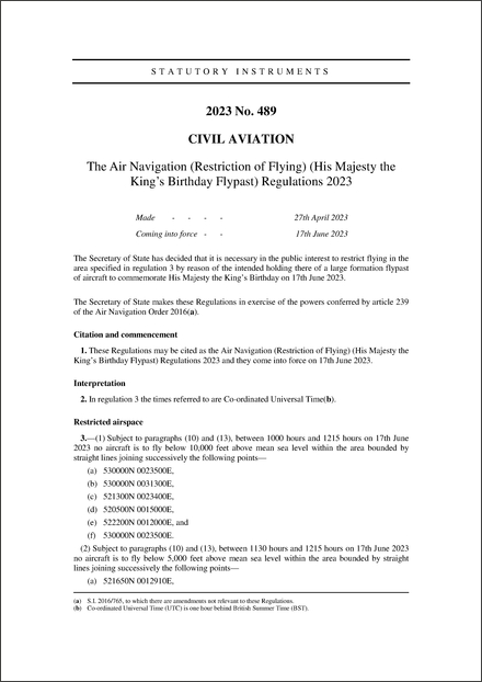 The Air Navigation (Restriction of Flying) (His Majesty the King’s Birthday Flypast) Regulations 2023