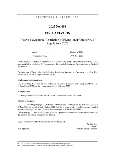 The Air Navigation (Restriction of Flying) (Duxford) (No. 2) Regulations 2023