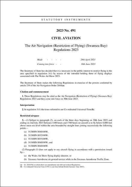 The Air Navigation (Restriction of Flying) (Swansea Bay) Regulations 2023