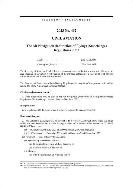 The Air Navigation (Restriction of Flying) (Stonehenge) Regulations 2023