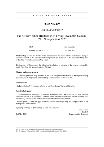 The Air Navigation (Restriction of Flying) (Wembley Stadium) (No. 2) Regulations 2023