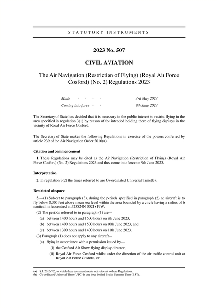 The Air Navigation (Restriction of Flying) (Royal Air Force Cosford) (No. 2) Regulations 2023