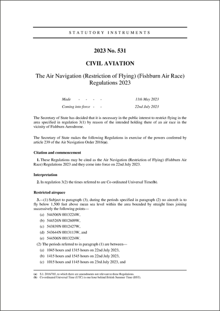 The Air Navigation (Restriction of Flying) (Fishburn Air Race) Regulations 2023