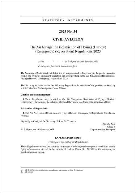 The Air Navigation (Restriction of Flying) (Harlow) (Emergency) (Revocation) Regulations 2023