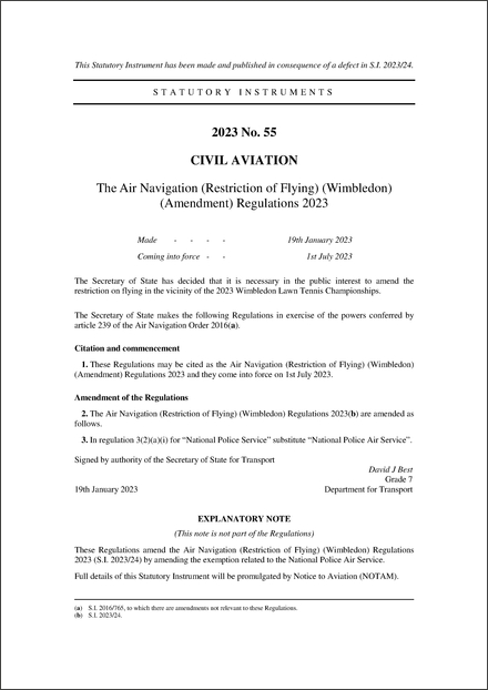 The Air Navigation (Restriction of Flying) (Wimbledon) (Amendment) Regulations 2023