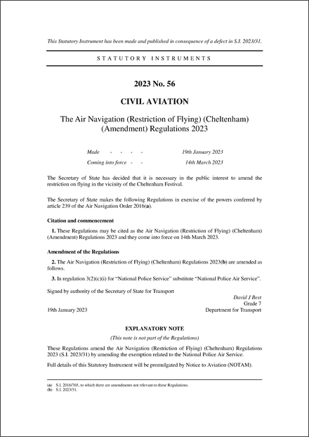 The Air Navigation (Restriction of Flying) (Cheltenham) (Amendment) Regulations 2023