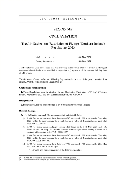 The Air Navigation (Restriction of Flying) (Northern Ireland) Regulations 2023