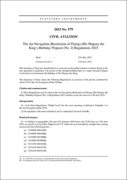 The Air Navigation (Restriction of Flying) (His Majesty the King’s Birthday Flypast) (No. 2) Regulations 2023