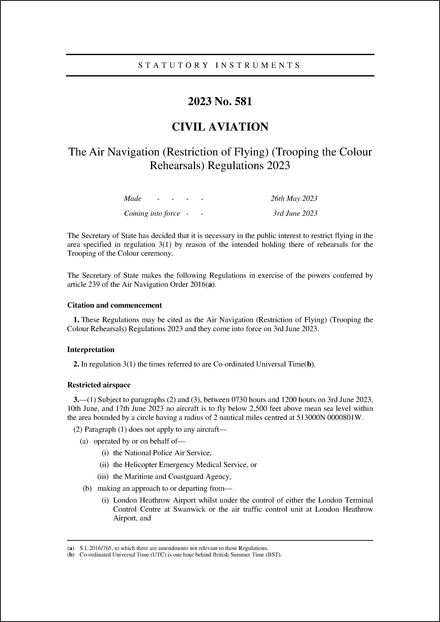 The Air Navigation (Restriction of Flying) (Trooping the Colour Rehearsals) Regulations 2023