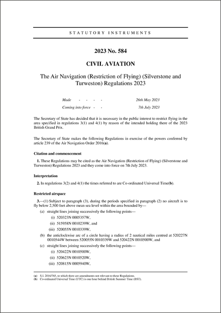 The Air Navigation (Restriction of Flying) (Silverstone and Turweston) Regulations 2023
