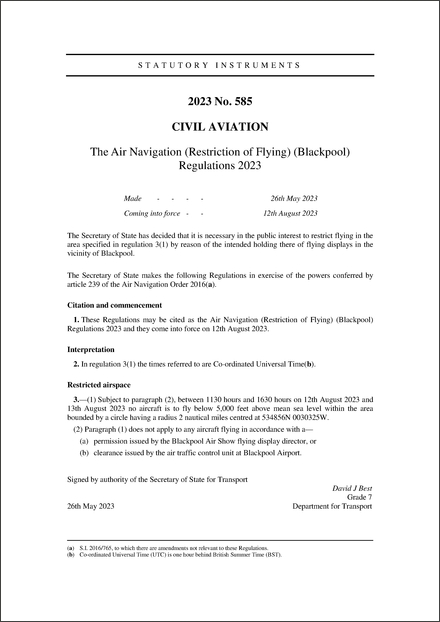 The Air Navigation (Restriction of Flying) (Blackpool) Regulations 2023