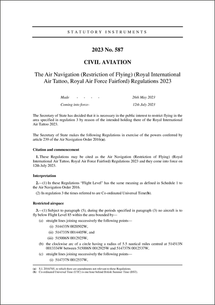 The Air Navigation (Restriction of Flying) (Royal International Air Tattoo, Royal Air Force Fairford) Regulations 2023