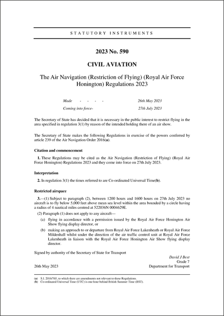 The Air Navigation (Restriction of Flying) (Royal Air Force Honington) Regulations 2023