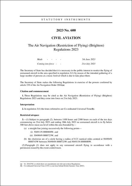 The Air Navigation (Restriction of Flying) (Brighton) Regulations 2023