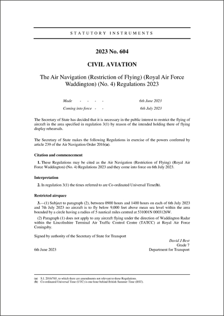 The Air Navigation (Restriction of Flying) (Royal Air Force Waddington) (No. 4) Regulations 2023
