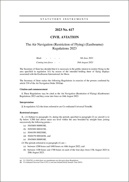 The Air Navigation (Restriction of Flying) (Eastbourne) Regulations 2023